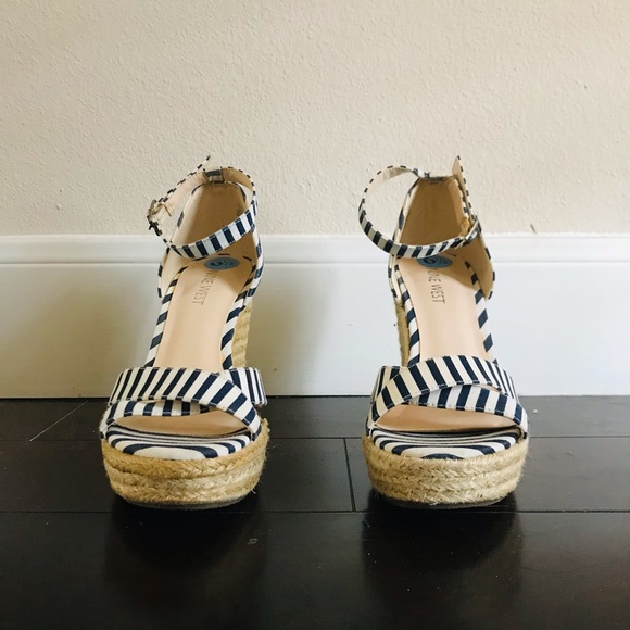 Nine West Navy and White Striped Ankle Strap Wedges Cork woven wedge sandals - Picture 3 of 7